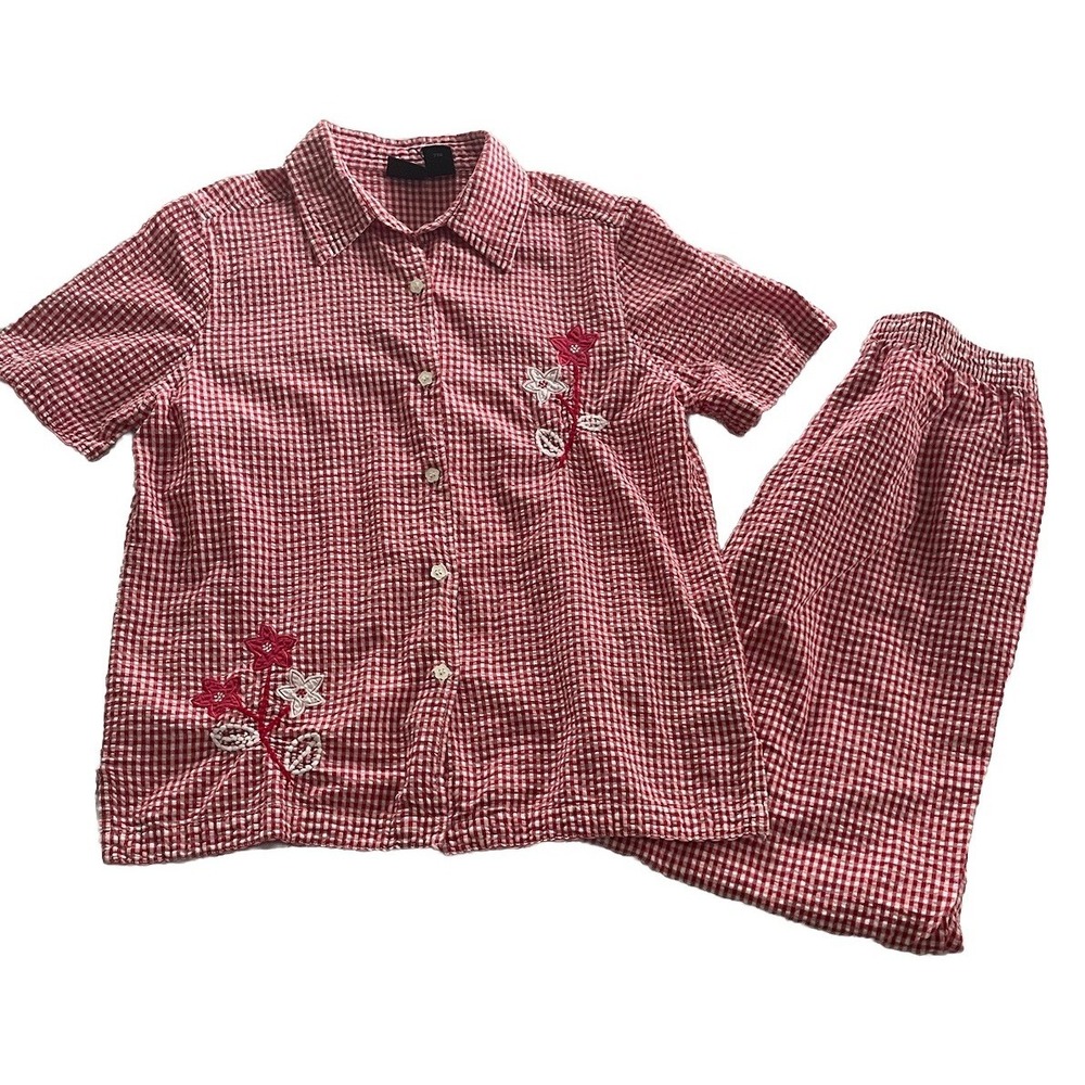 Erika 2 Pc Outfit Size Small Red White Top & Capri Pants Gingham Cottage Core
